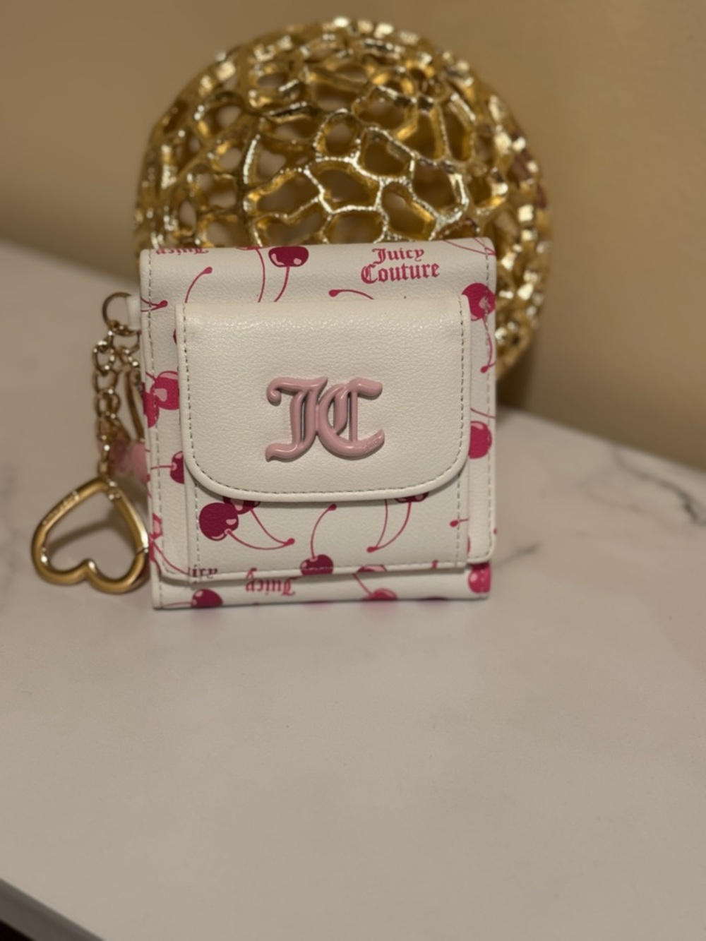 Juicy Couture White Wallet with Pink Cherry Print and Gold Heart Charm